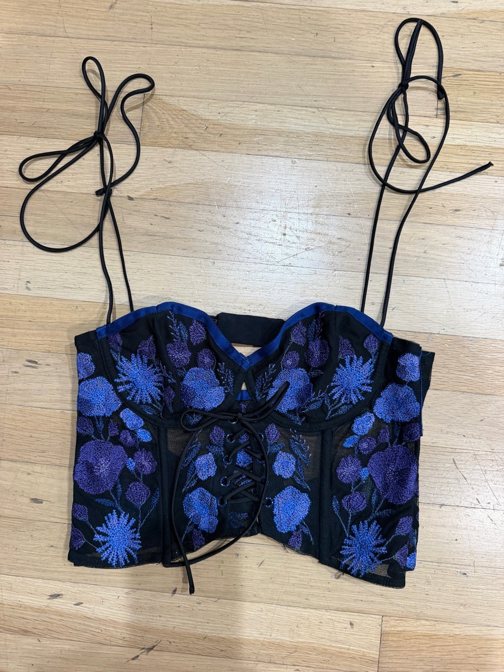 For Love & Lemons Black Corset Crop Top with Purple Floral Embroidery